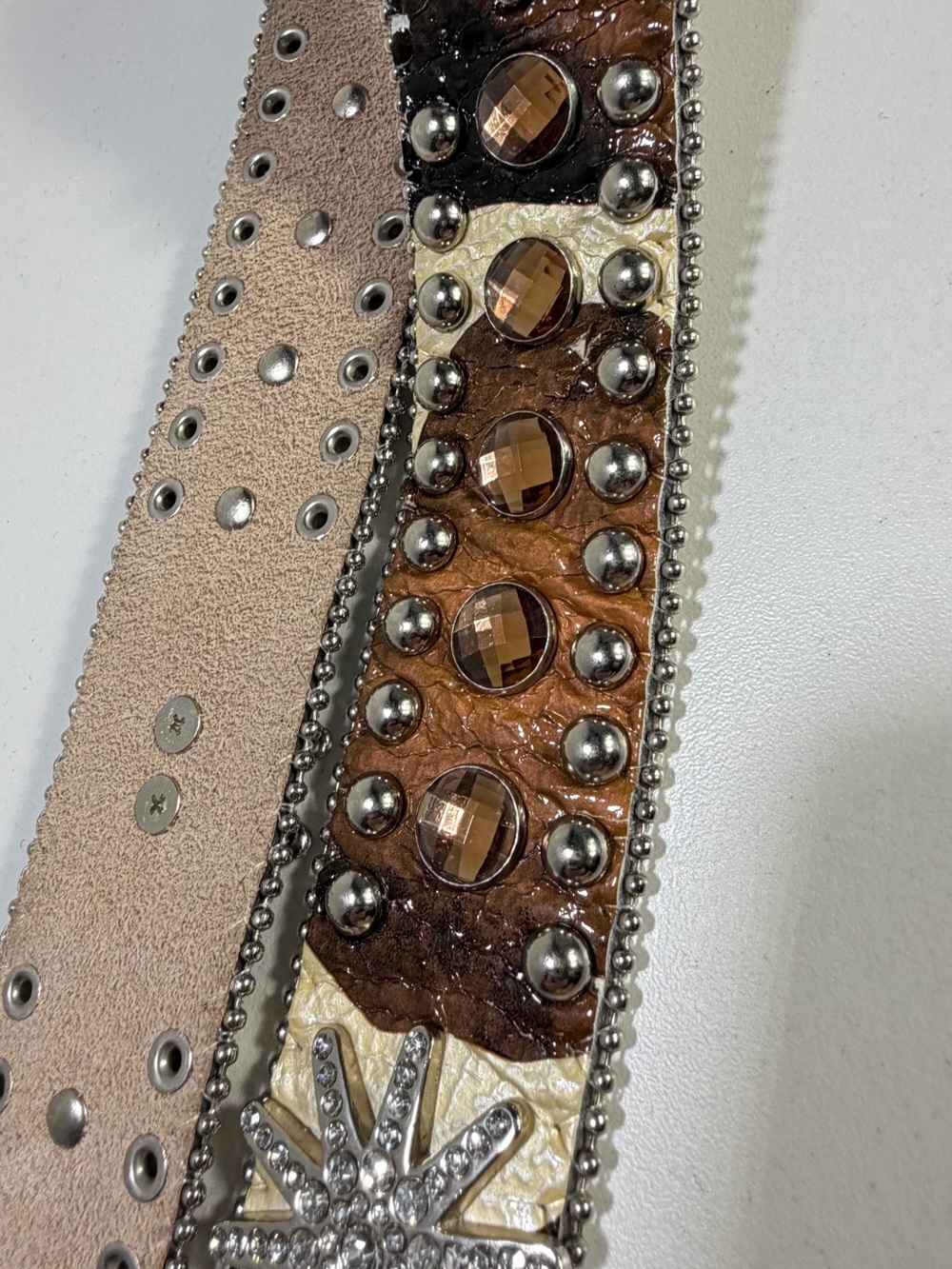 West Star Texas Large Leather Rhinestone Western Belt Brown Cream Bling - Picture 5 of 13